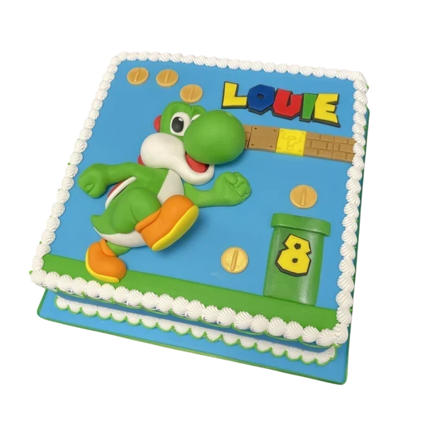 Bespoke Yoshi Super Mario cake with vibrant green and red fondant details, crafted for celebration in Solihull, West Midlands.