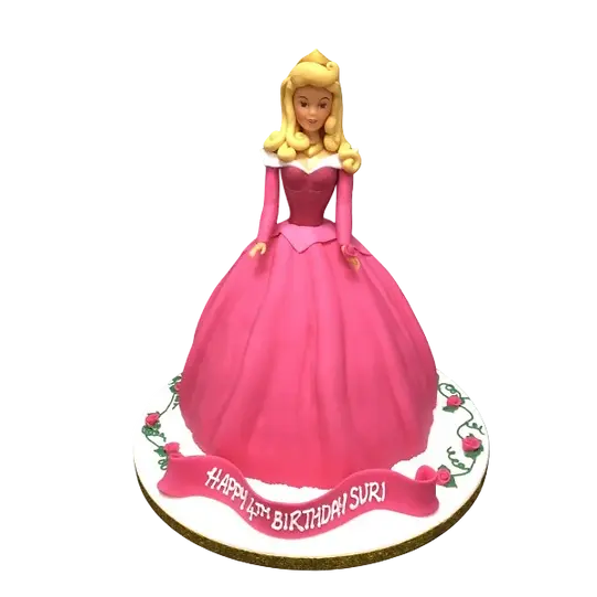 Bespoke Sleeping Beauty Aurora doll cake with pink dress and detailed decoration, Solihull, West Midlands.