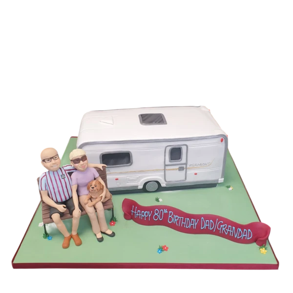 Bespoke caravan-themed cake with detailed fondant decorations, perfect for celebration in Solihull, West Midlands.