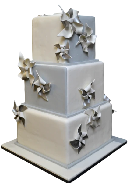 Three-tiered square wedding cake with ivory sugar paste and silver flowers.