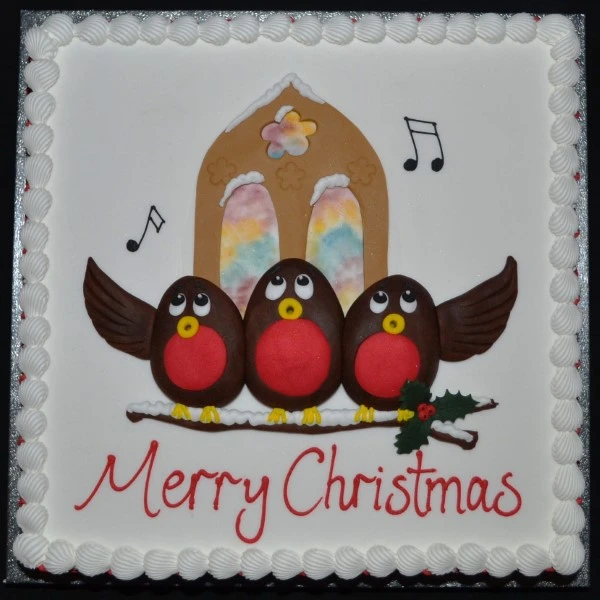 Bespoke Robin Choir Christmas cake with detailed robin decorations and holly accents in Solihull, West Midlands.