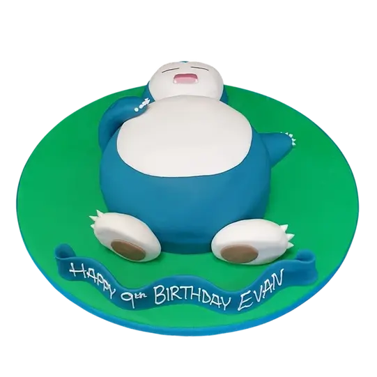 Bespoke Snorlax cake with vibrant blue and cream icing, crafted for a celebration in Solihull, West Midlands.