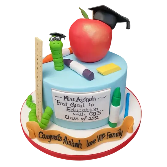 Bespoke New Teacher Graduate cake with edible diploma and apple decorations in Solihull, West Midlands.