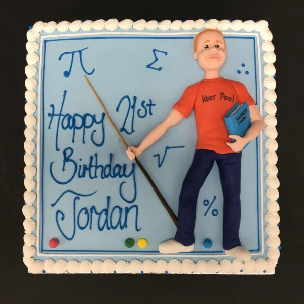 Bespoke cake in Solihull, West Midlands featuring a pool table and math symbols for a celebration.