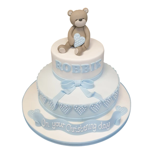 A cute bear-themed Christening cake with two tiers adorned with intricate details, perfect for celebrating a special occasion.