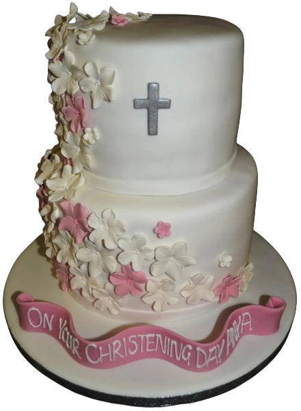 Bespoke flower-themed Christening cake with delicate icing details, crafted in Solihull, West Midlands.