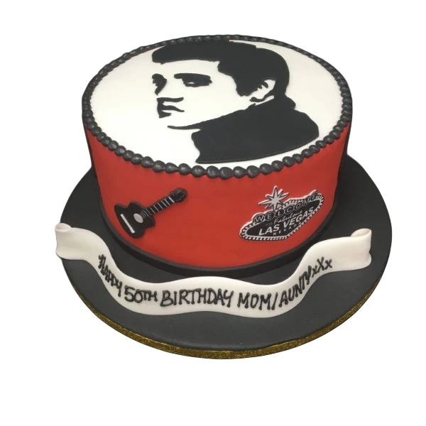 Bespoke Elvis-themed cake with musical notes and a guitar design, crafted in Solihull, West Midlands.