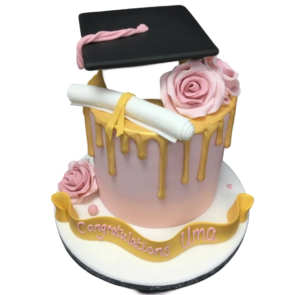Bespoke Graduation Drip cake with gold accents and black tassel topper, crafted in Solihull, West Midlands.