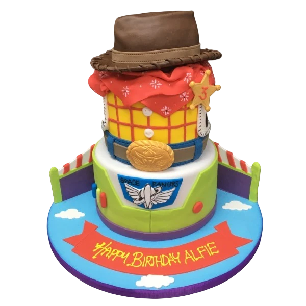 Bespoke Toy Story celebration cake with colorful character toppers in Solihull, West Midlands.