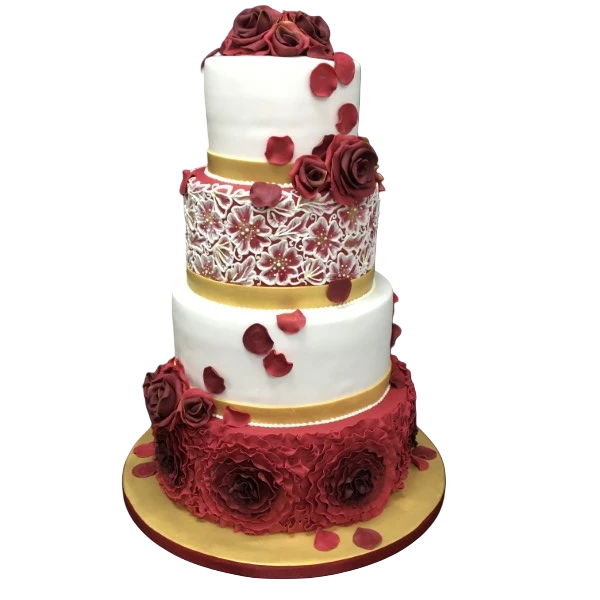 Four-tier wedding cake with red roses, lace design, and gold accents.