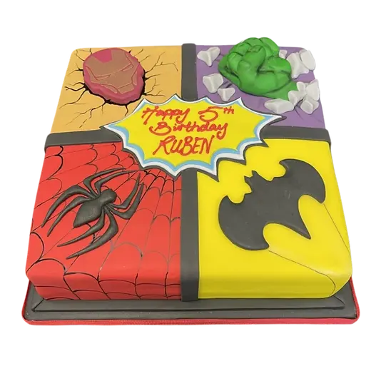 Bespoke celebration cake featuring colorful superhero characters, crafted in Solihull, West Midlands.