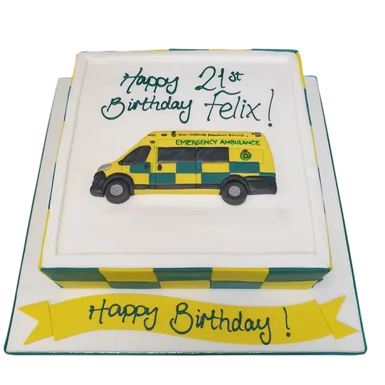Bespoke paramedic ambulance cake with detailed emergency decals, crafted for a celebration in Solihull, West Midlands.
