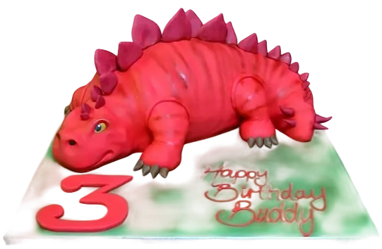Bespoke Stegosaurus dinosaur cake with green scales and orange plates, crafted for celebration in Solihull, West Midlands.