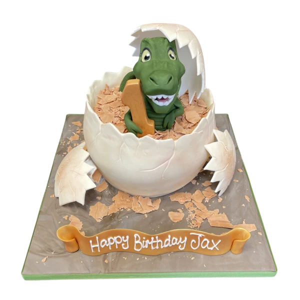 A colourful and playful dinosaur egg-shaped cake perfect for themed parties and celebrations.