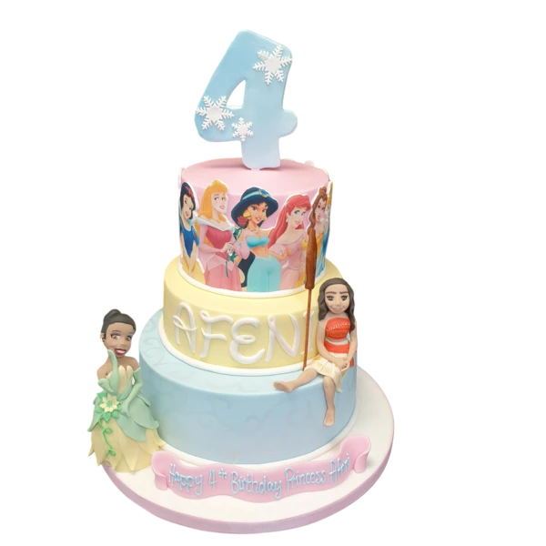 A stunning Disney Princess cake featuring Tiana and Moana characters, perfect for a magical celebration.