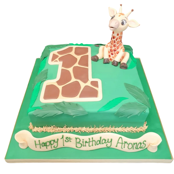 Adorable giraffe-themed cake on a square cake board, perfect for animal lovers and special occasions. Rich details and decorative design.