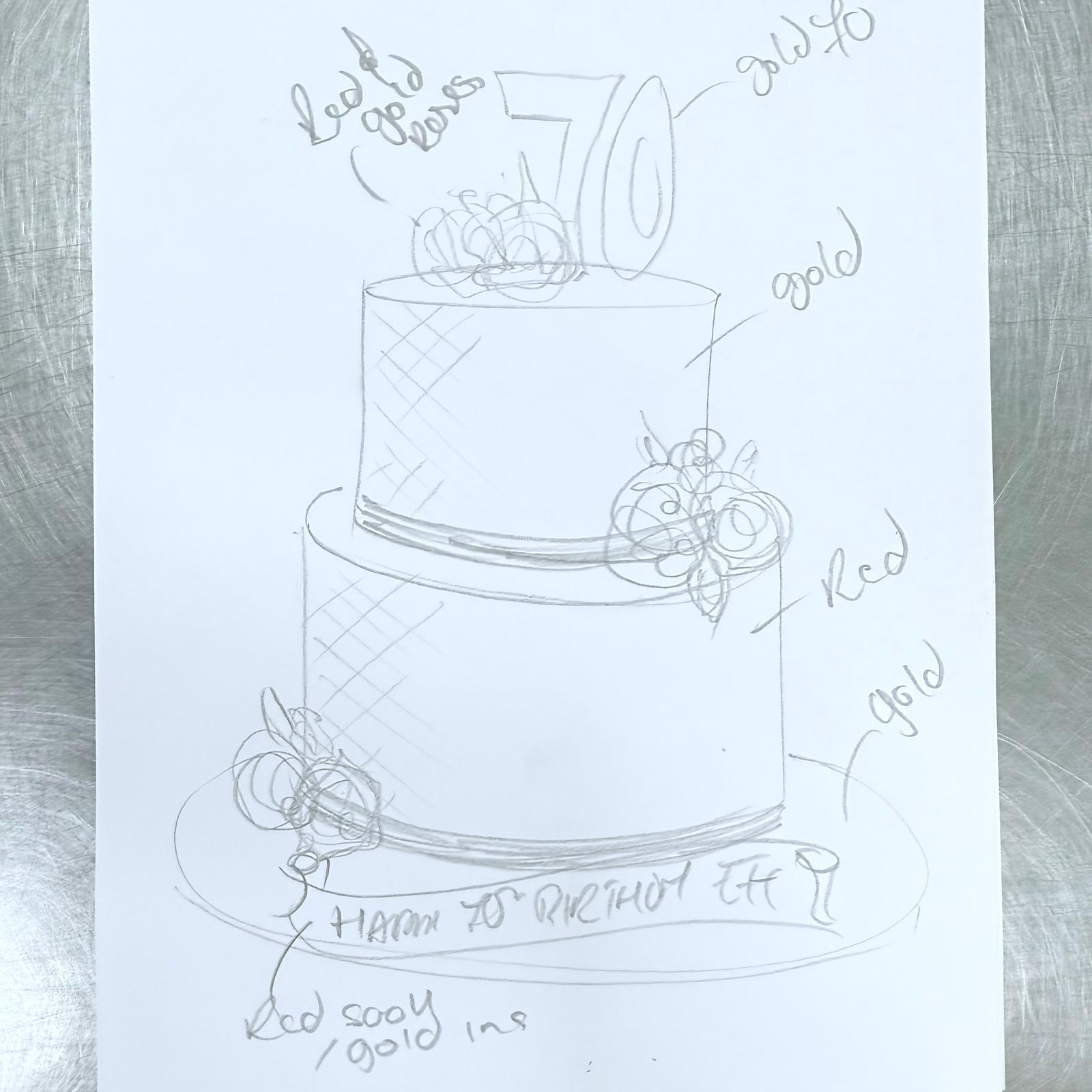 Bespoke single-tier cake with elegant white icing and gold accents, perfect for celebration in Solihull, West Midlands.