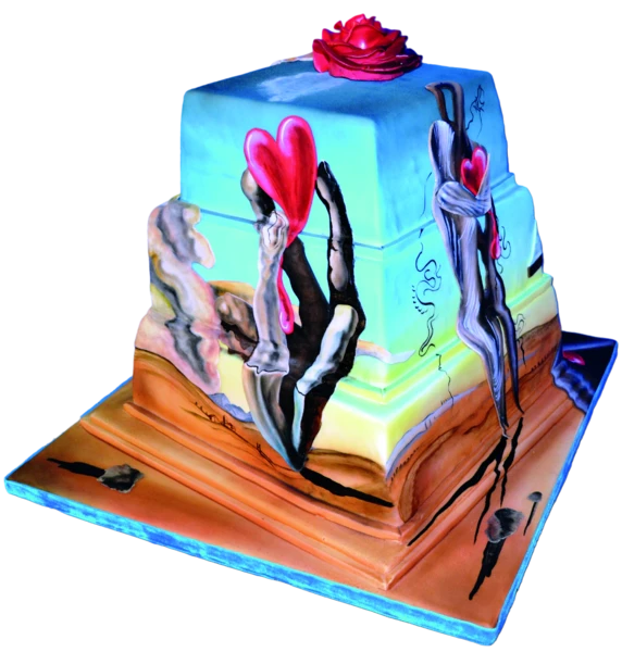 Three-tiered surreal wedding cake with hand-painted designs and a red rose topper.