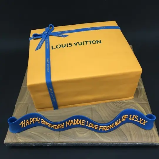 Bespoke Louis Vuitton box cake with signature monogram pattern, crafted for celebration in Solihull, West Midlands.