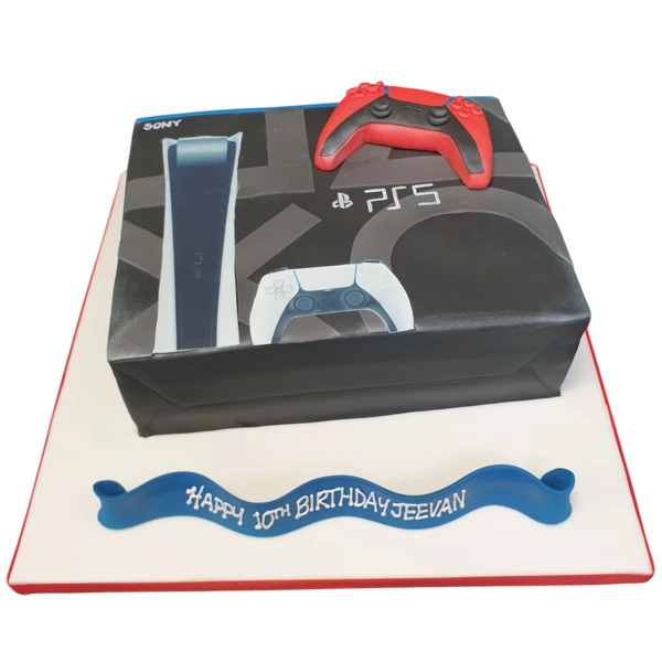 Bespoke PS5 box cake with PlayStation logo, designed for celebration in Solihull, West Midlands.