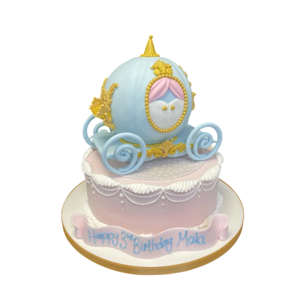 Beautiful Cinderella Princess Pumpkin Carriage cake with intricate fondant detailing, fit for a royal celebration.