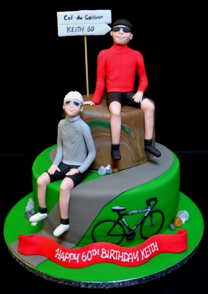 Bespoke cycling-themed cake with detailed bike decorations, perfect for celebration in Solihull, West Midlands.