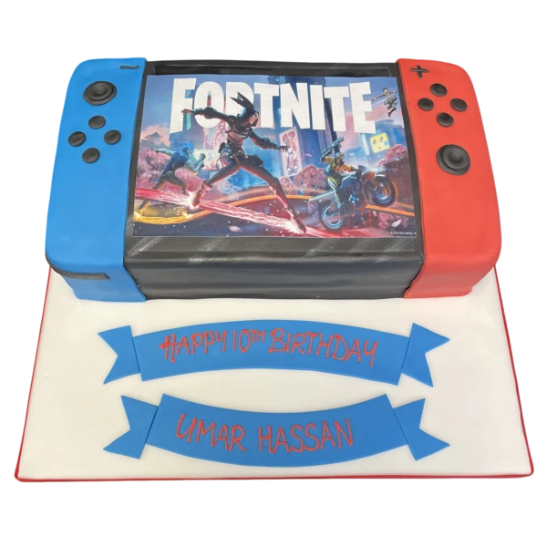 Bespoke Nintendo Switch Fortnite edition cake with gaming details, crafted for celebration in Solihull, West Midlands.