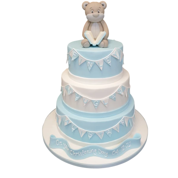 Bespoke Christening Bear cake with pastel fondant decorations in Solihull, West Midlands.