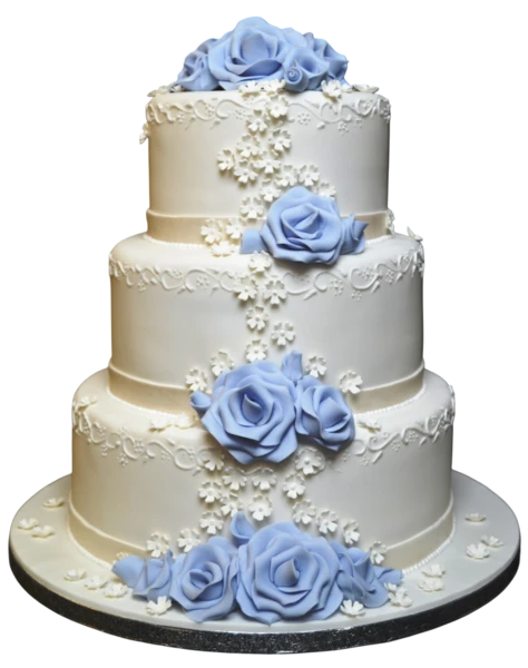 Four-tier white wedding cake with blue sugar paste roses and lace details.