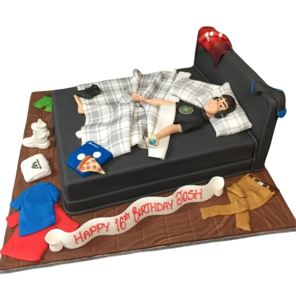 Bespoke messy bed cake with fondant pillows and blanket details, crafted in Solihull, West Midlands for celebration.