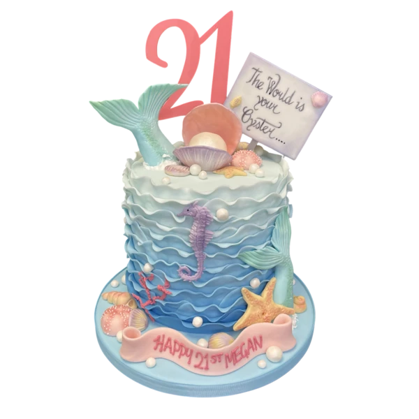 Bespoke under-the-sea celebration cake featuring a mermaid and ocean details in Solihull, West Midlands.
