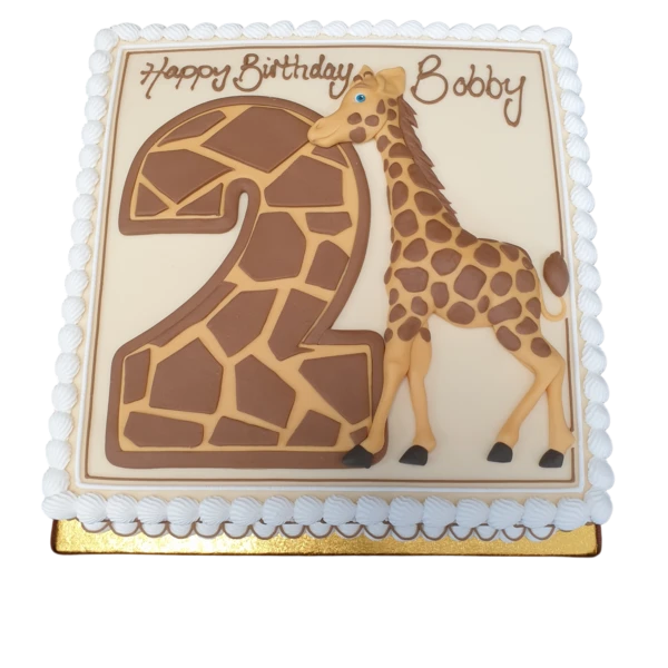 Bespoke square cake with a detailed giraffe topper, perfect for celebration in Solihull, West Midlands.