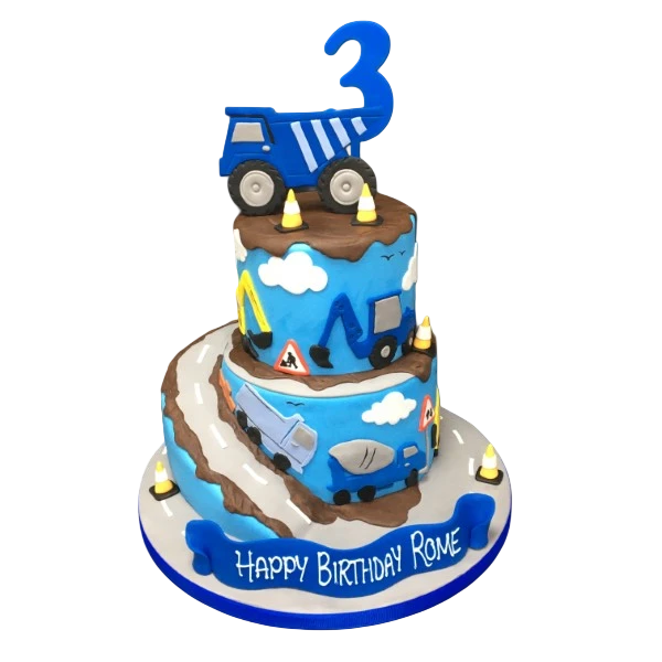 Bespoke construction-themed cake with digger toppers and edible building details in Solihull, West Midlands.