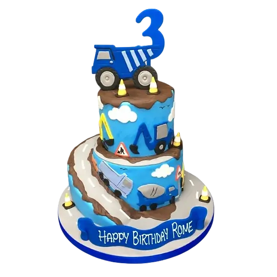 Bespoke construction-themed cake with digger decorations, detailed tools, and edible bricks in Solihull, West Midlands.