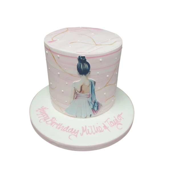 Bespoke celebration cake featuring a detailed ballet dancer figurine in Solihull, West Midlands.