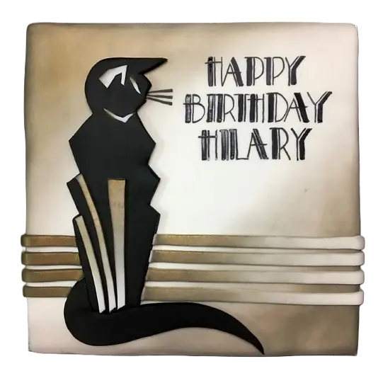Bespoke Art Deco cat cake with geometric patterns and gold accents, crafted in Solihull, West Midlands.