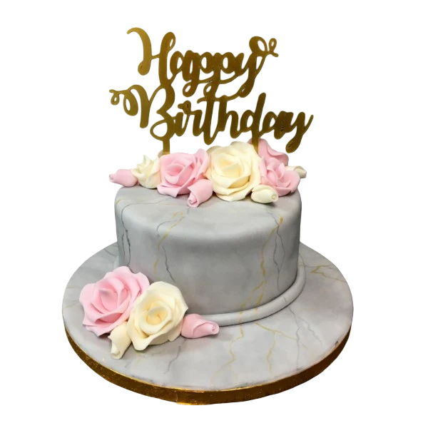 Bespoke marble cake adorned with delicate pink rose decorations, crafted for celebration in Solihull, West Midlands.