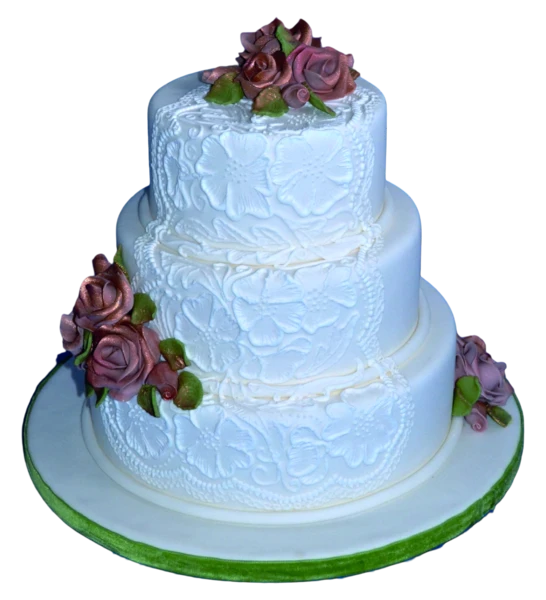 Three-tiered wedding cake with embossed sugar paste and mauve sugar roses.