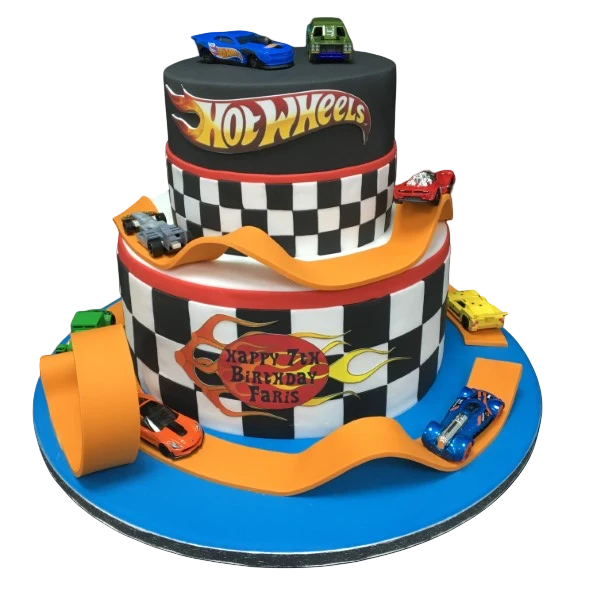 Bespoke Hot Wheels-themed cake with vibrant car designs and checkered flags, perfect for celebration in Solihull, West Midlands.