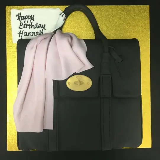 Bespoke Mulberry Bag cake with intricate fondant details, crafted for a celebration in Solihull, West Midlands.