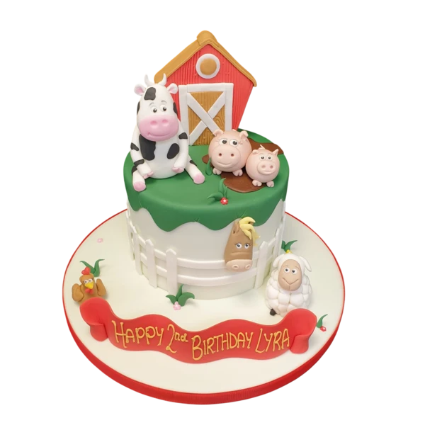 Bespoke Farmyard Friends cake with colorful animal toppers and green grass icing in Solihull, West Midlands.