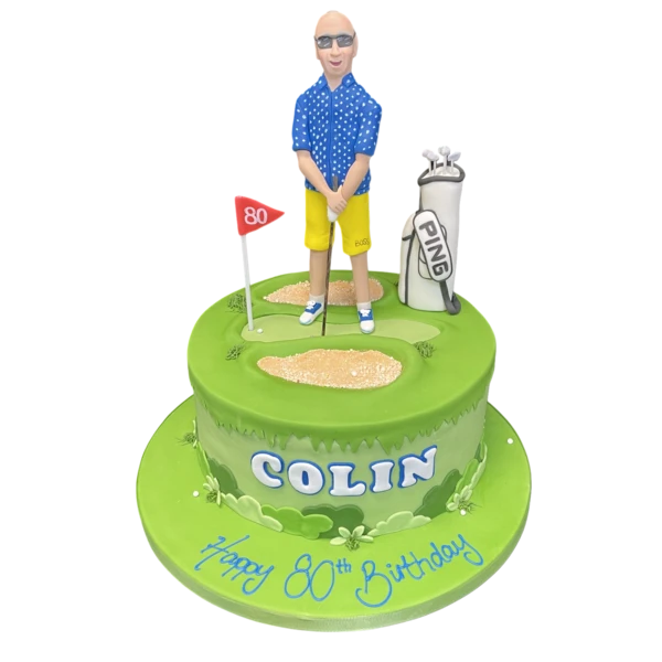 Bespoke golf-themed cake with edible golf balls and clubs, crafted for celebration in Solihull, West Midlands.