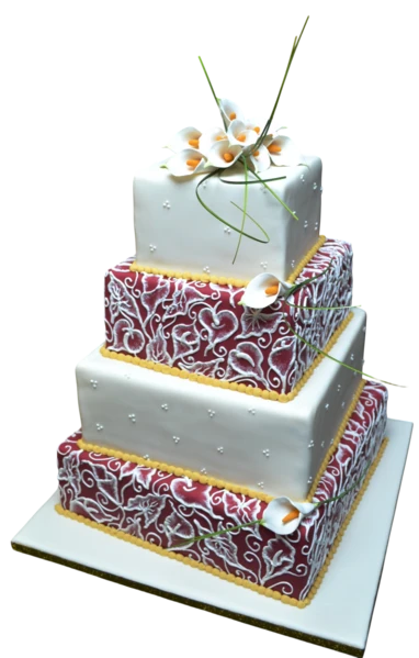 Three-tiered wedding cake with sugar paste, floral accents, and burgundy detailing.