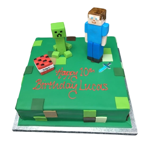 Bespoke Minecraft-themed cake with pixelated blocks and characters, crafted for celebration in Solihull, West Midlands.