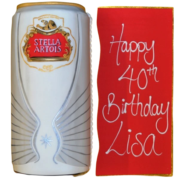 Bespoke cake shaped like a Stella Artois can with detailed logo and colors, made in Solihull, West Midlands.