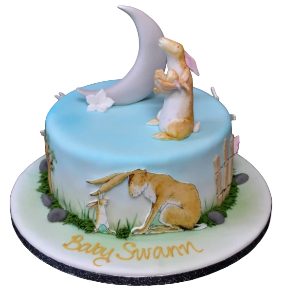 Bespoke round cake featuring a moon and "Guess How Much I Love You" text, crafted in Solihull, West Midlands.