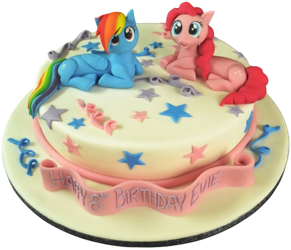 Bespoke round cake featuring two My Little Pony figures, decorated for celebration in Solihull, West Midlands.