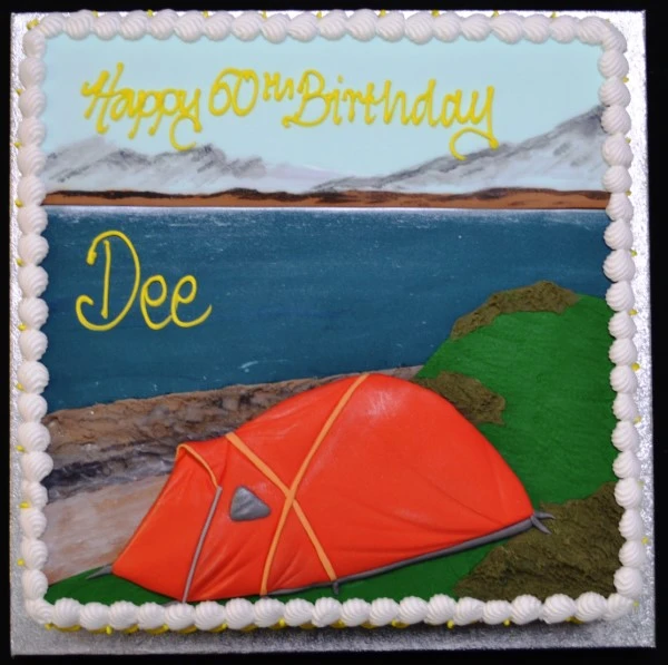 Bespoke square cake with detailed camping scene featuring trees and a tent, crafted in Solihull, West Midlands.