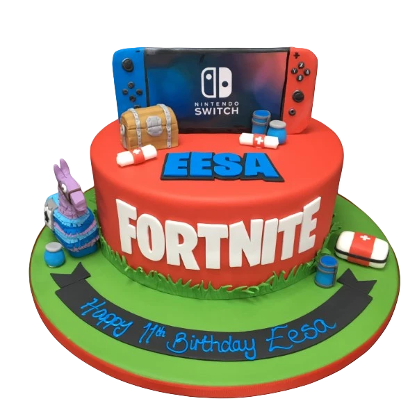 A colourful and fun Fortnite themed cake with a Nintendo Switch design, perfect for gaming enthusiasts. Ideal for celebrations and special occasions.