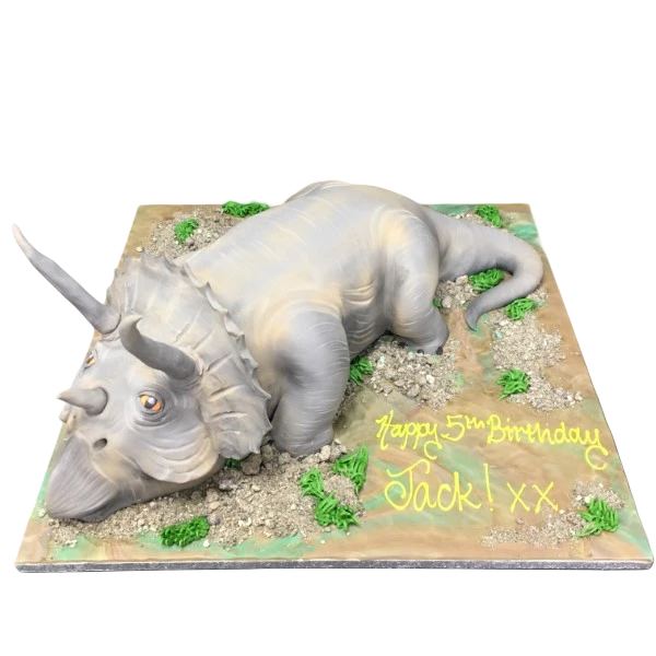 Bespoke Triceratops dinosaur cake with detailed horns and textured skin, made in Solihull, West Midlands.